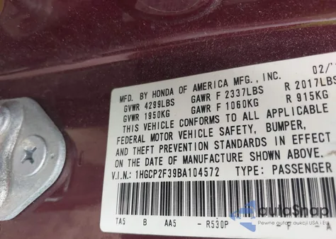 2011 Honda Accord 2.4 Lx from USA, damaged, VIN 1HGCP2F39BA104572